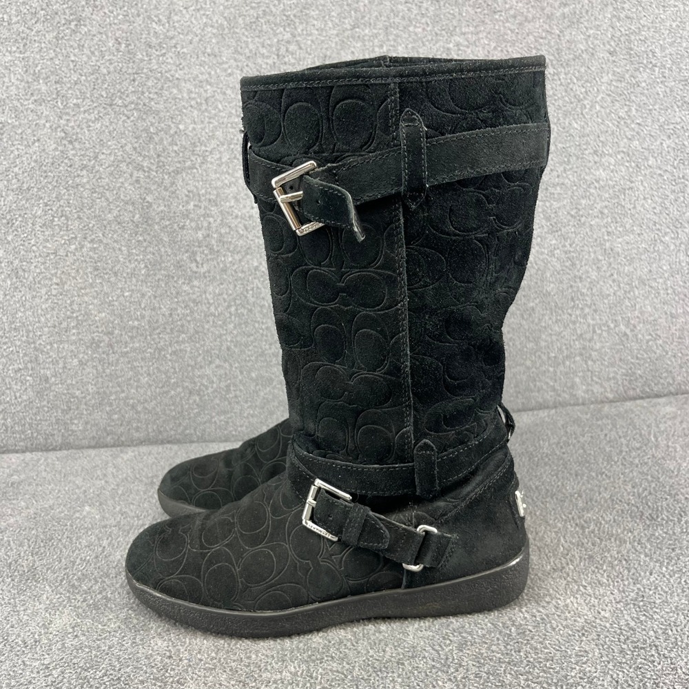 Coach Black Suede‎ Monogram Tall Boots Buckle Detail Women's US 8 B EU 38.5 - Picture 6 of 13